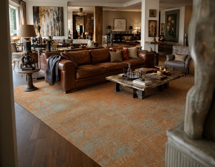 orange carpet for braown leather sofa